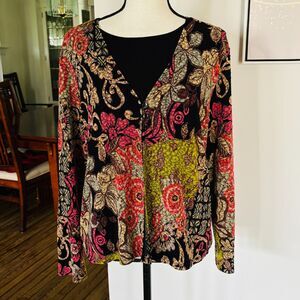 Dana Taylor Floral Print Overlay Cardigan/Shell Top Sz Large Black Multicolor